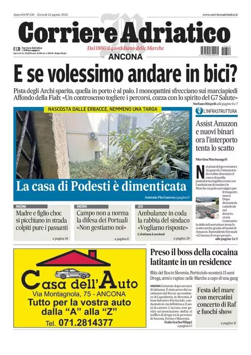 Prima-pagina-corriere adriatico-edizione-di-oggi-22-08-2024